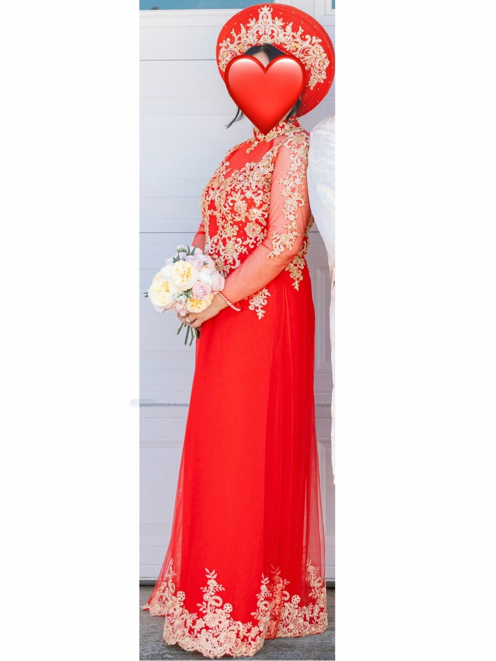 Vietnamese Red and Gold Wedding Ao Dai Dress Pants and Headpiece set áo dài cưới